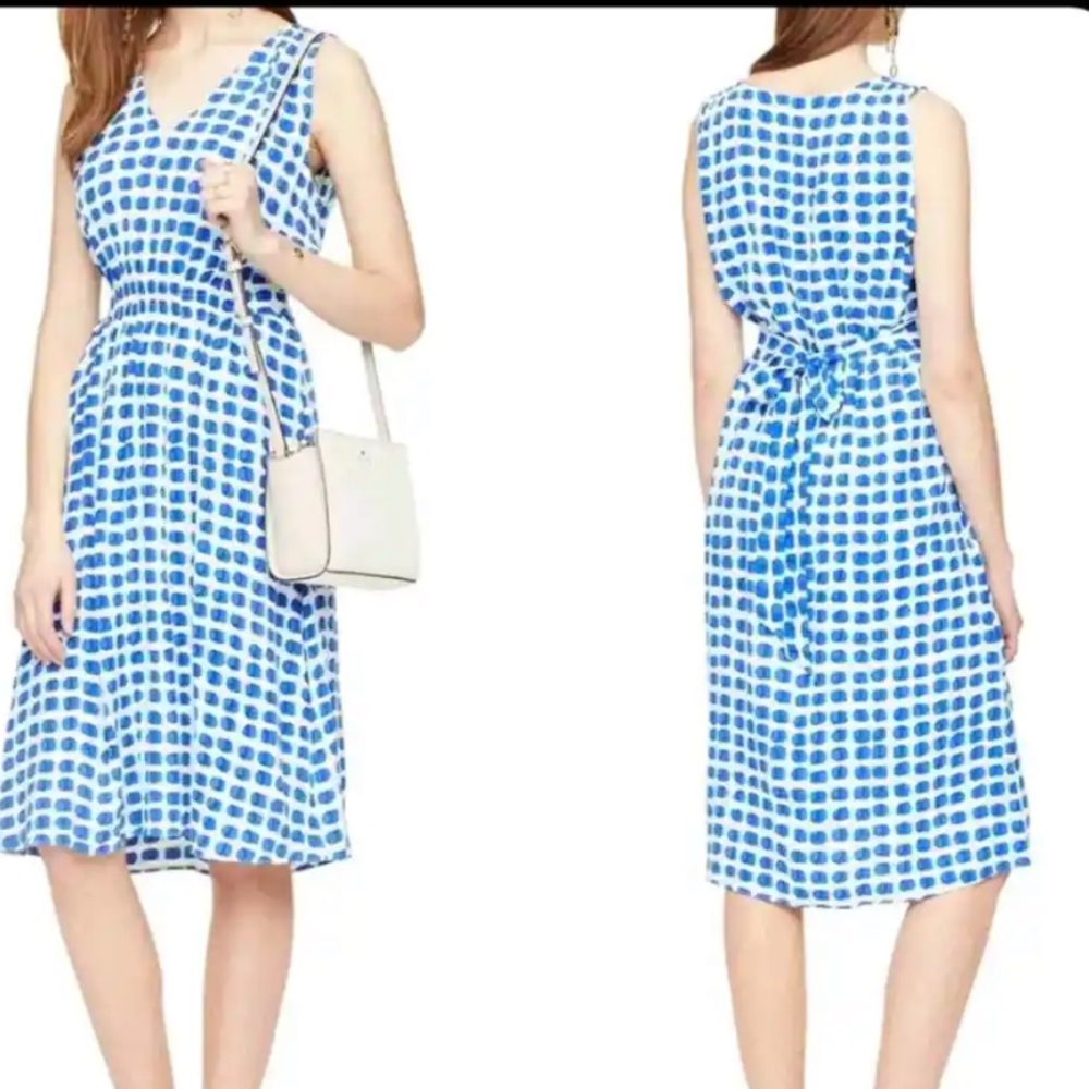 Kate Spade Blue White Island Stamp Tie Back Sleeveless Dress Size Medium